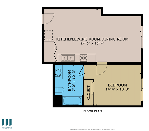 Floor plan for 1 bed, 1 bath, 560 sqft